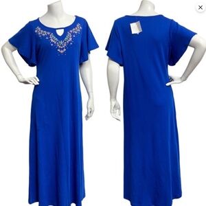 New Quacker Factory Petite Maxi Dress Embroidered Rhinestone Royal Blue Size MP